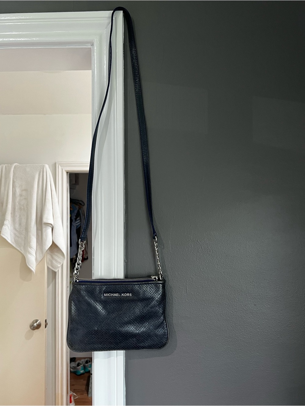 Michael Kors Navy Leather Crossbody with Chain-Accent Strap